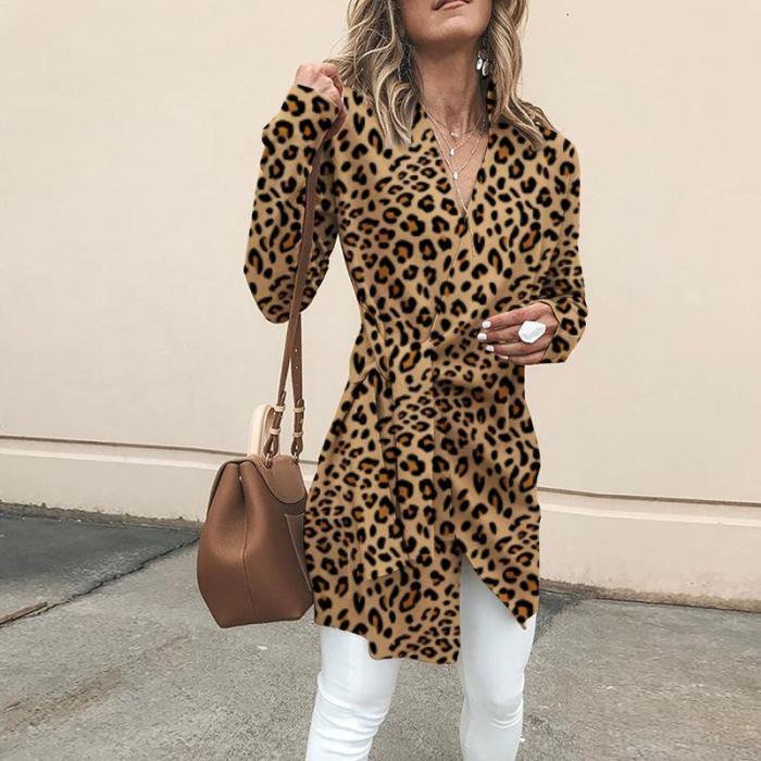 Fashionable V-Neck With Long-Sleeved Leopard Print Outerwear