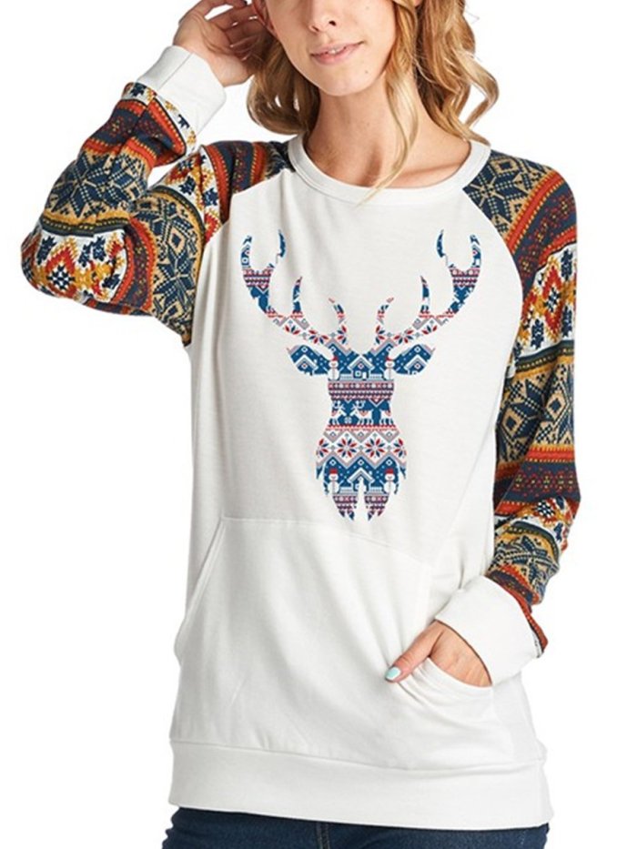 Christmas Deer Print Woman Long Sleeve T-shirts