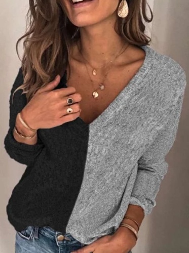Women's color matching V-neck long-sleeve sweater