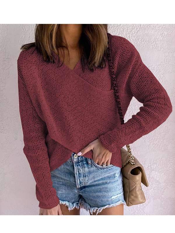 Solid color V neck long sleebe knit  stylish sweaters