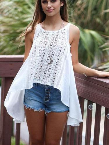 Casual Lace Hollow out Sleeveless Round neck Irregular Blouses