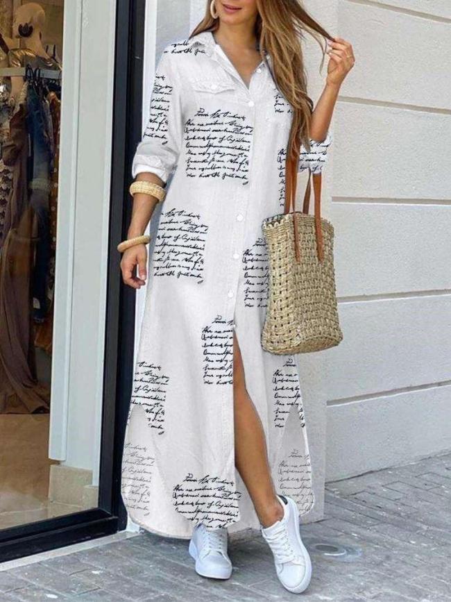 Fashion Casual Loose Print Lapel Long sleeve Fastener Maxi Dresses
