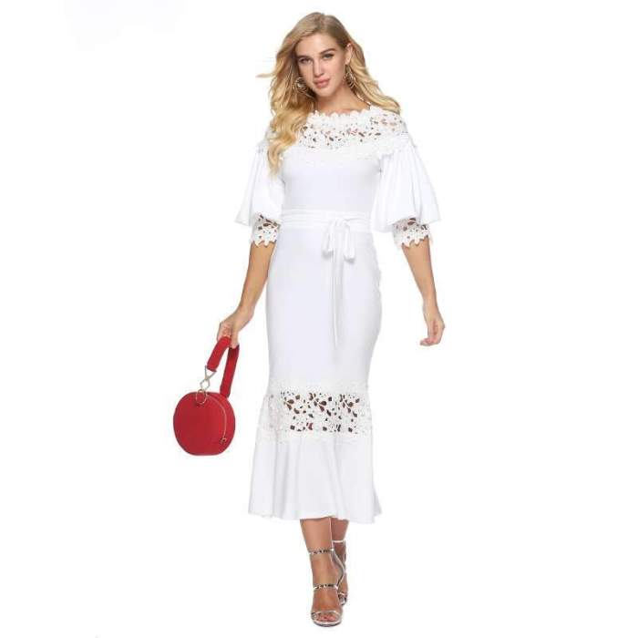 Sexy Lace Hollow out Gored Round neck Half sleeve Maxi Dresses