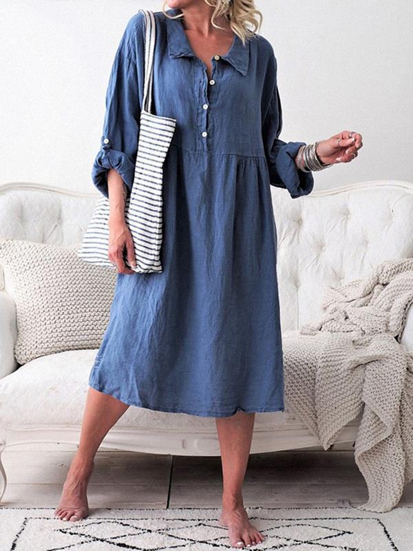 Casual Turn down collar Large size hemp buttons Maxi Dresses