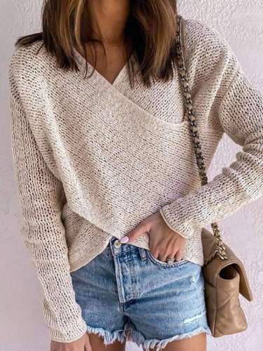 Solid color V neck long sleebe knit  stylish sweaters