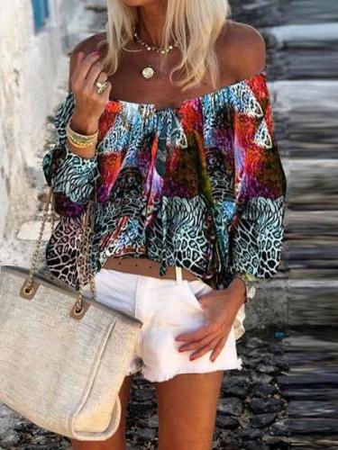 Casual Print One shoulder Long sleeve Blouses