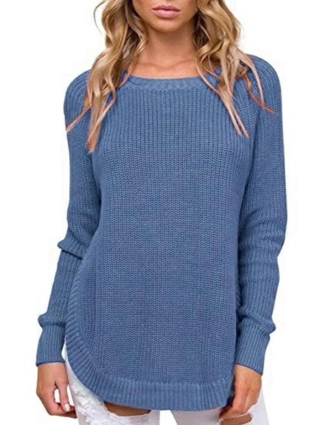 Women Vent Round neck Long sleeve Knit Sweaters