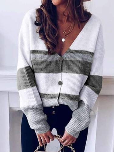 V-neck button striped long sleeve sweater cardigans