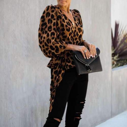Fashion V neck Long sleeve Lacing Leopard print Blouses