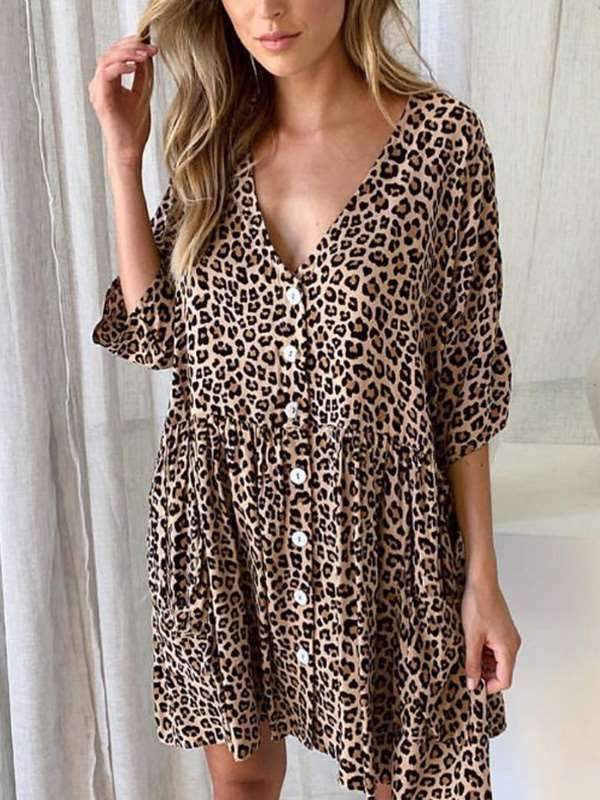 Loose leopard print slim v-neck Women Shift Dresses