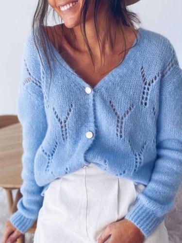Fashion Casual Pure V neck Long sleeve Hollow out Knit Cardigan Sweaters
