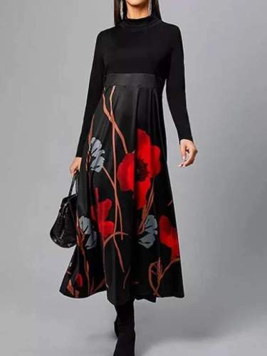 Women long black printed long sleeve maxi dresses