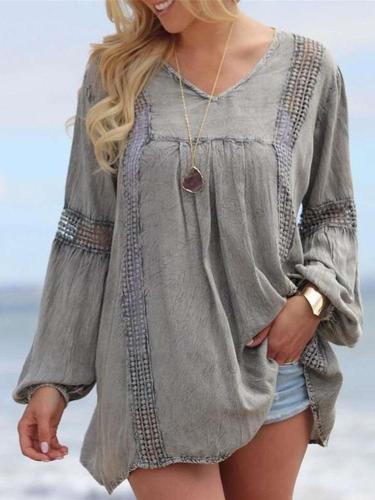 Casual Loose Pure V neck Long sleeve Gored Blouses