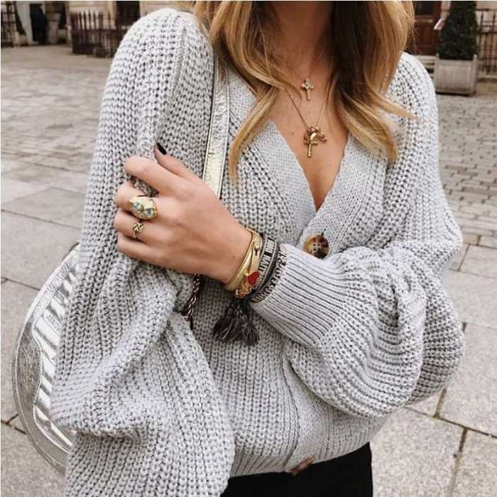 Loose Pure Knit V neck Fastener Sweaters Button Down Sweater Cardigan