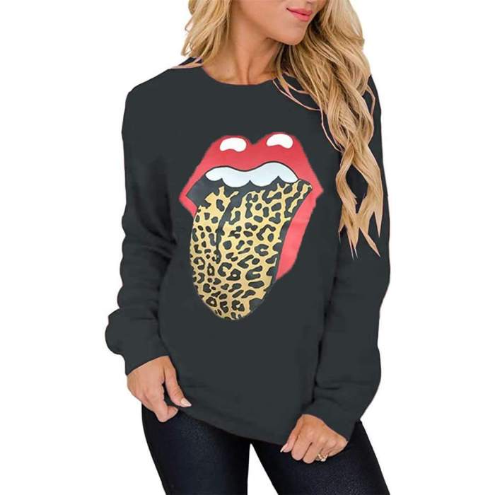 Fashion Casual Loose Lip Print Round neck Long sleeve