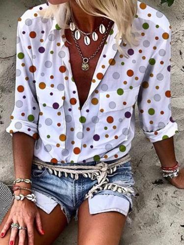 Loose pocket printed wave point long sleeve blouses