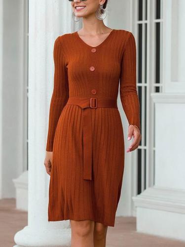 Casual v-neck knit long sleeve button maxi dresses