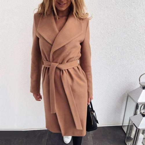 Fashion Pure Lapel Long sleeve Lacing Woolen Trench Coats