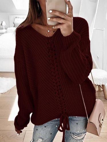 Women plain fashion v neck ong sleeve sweaters