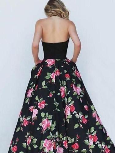 Floral Split-joint Backless Printing Maxi Dresses