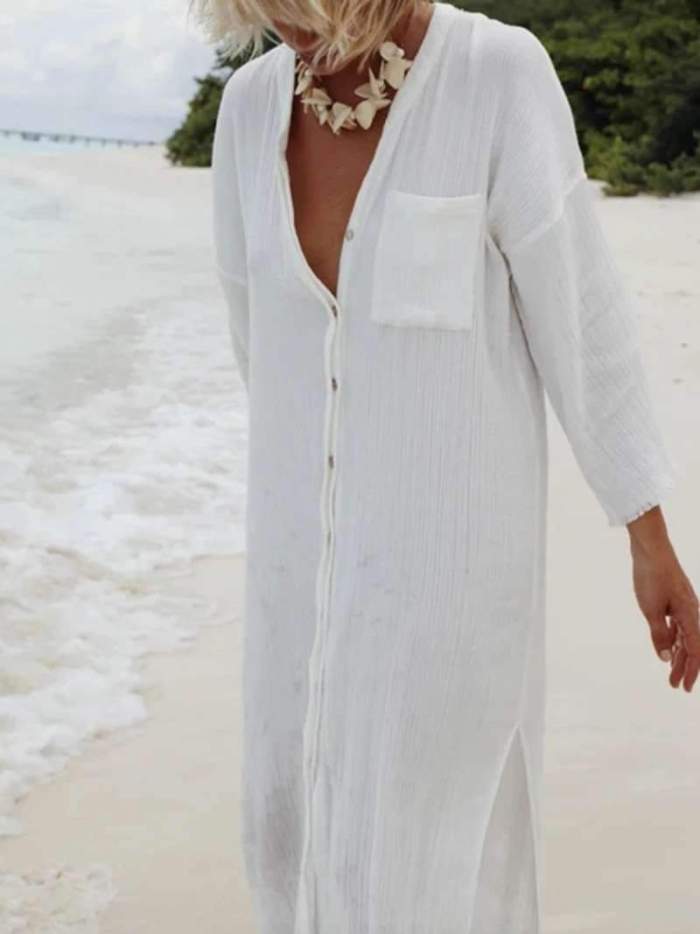 Casual Loose Pure Fastener Long sleeve Round neck Maxi Dresses