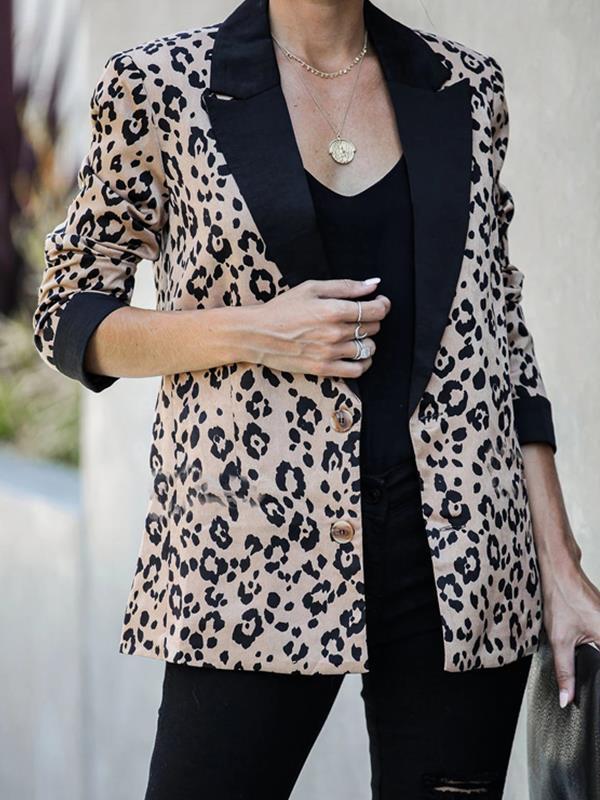 Turn down collar leopard printed long sleeve blazers