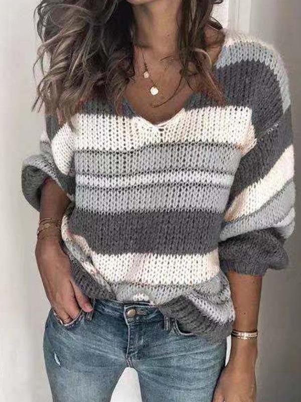 V collar stripe comfortable loose sweaters