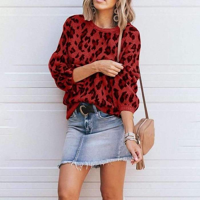 Loose Knit Leopard print Round neck Long sleeve Sweaters