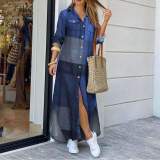 Fashion Casual Plaid Lapel Long sleeve Skirt Maxi Dresses