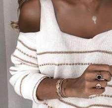 Fashion Stripe Square collar Off shoulder Long sleeve Knit Sweaters