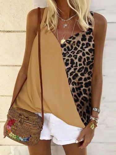 Fashion Gored Leopard print V neck Vest T-Shirts