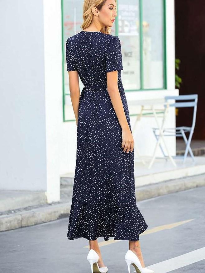 Fashion V neck Short sleeve Print Irregular  Falbala Maxi Dresses