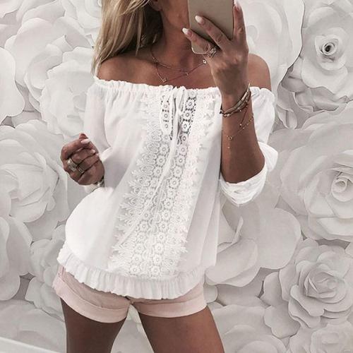 Fashion Boat Neck Pure Colour Lace Splicing Long Sleeve T-Shirt
