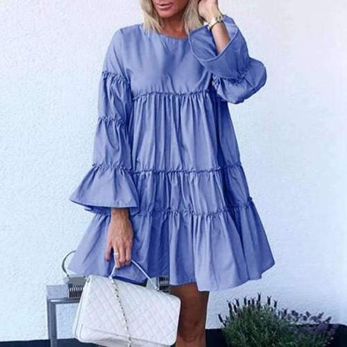 Fashion Casual Loose Pure Gored Round neck Long sleeve Shift Dresses