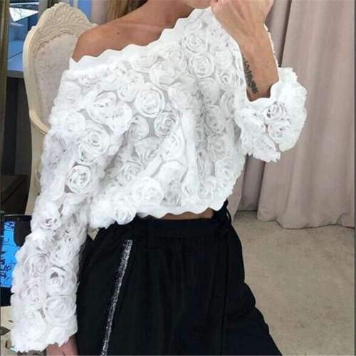 Fashion Lace Hollow out Round neck Long sleeve T-Shirts