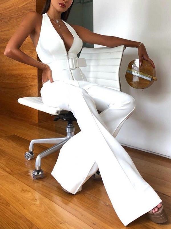Sexy deep v-neck white with belt long jumpsuits