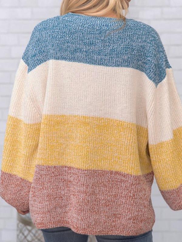 Loose Daily Long Sleeve Round Neck Colorful Stripe Sweaters