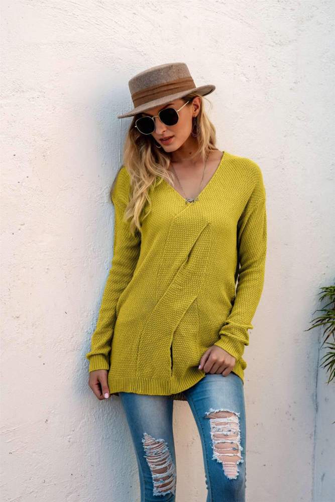Fashion Pure V neck Snarls Long sleeve Knit Sweaters