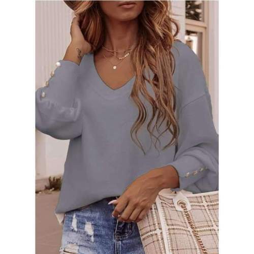 Fashion Casual Pure Fastener V neck Long sleeve T-Shirts