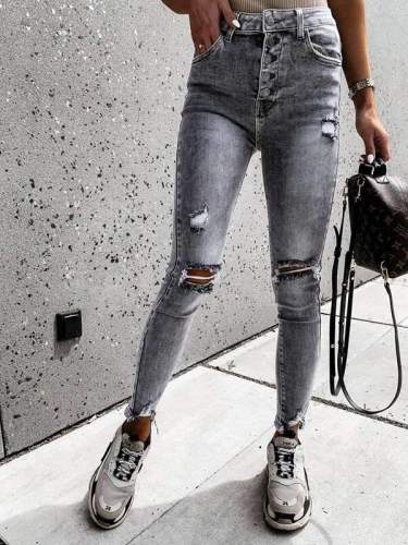 Stylish holes high waist for women long pants jeans