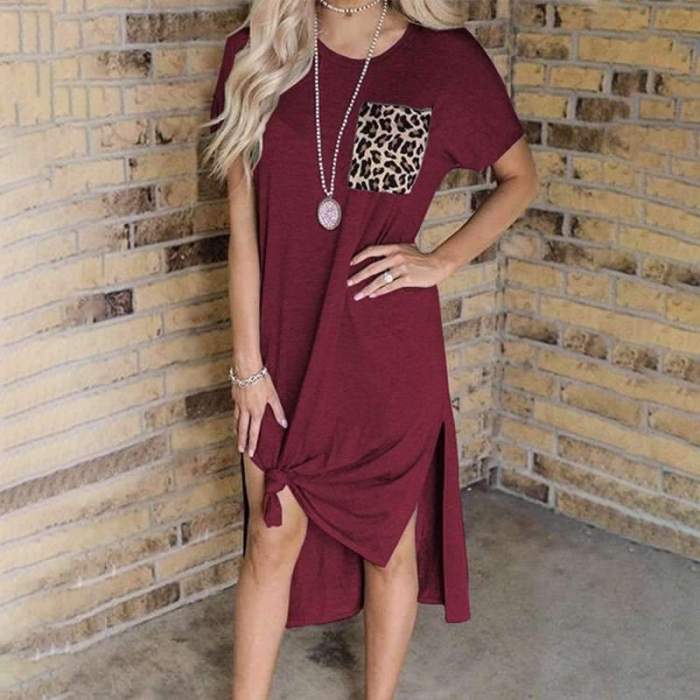 Casual Round neck Short sleeve Gored Pocket Vent Maxi Dresses