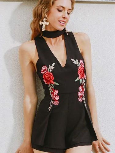 Sexy V neck Halter Embroidery Sleeveless Jumpsuits