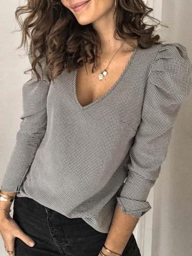 Chic puff sleeves  v-neck long sleeve shirt Blouses