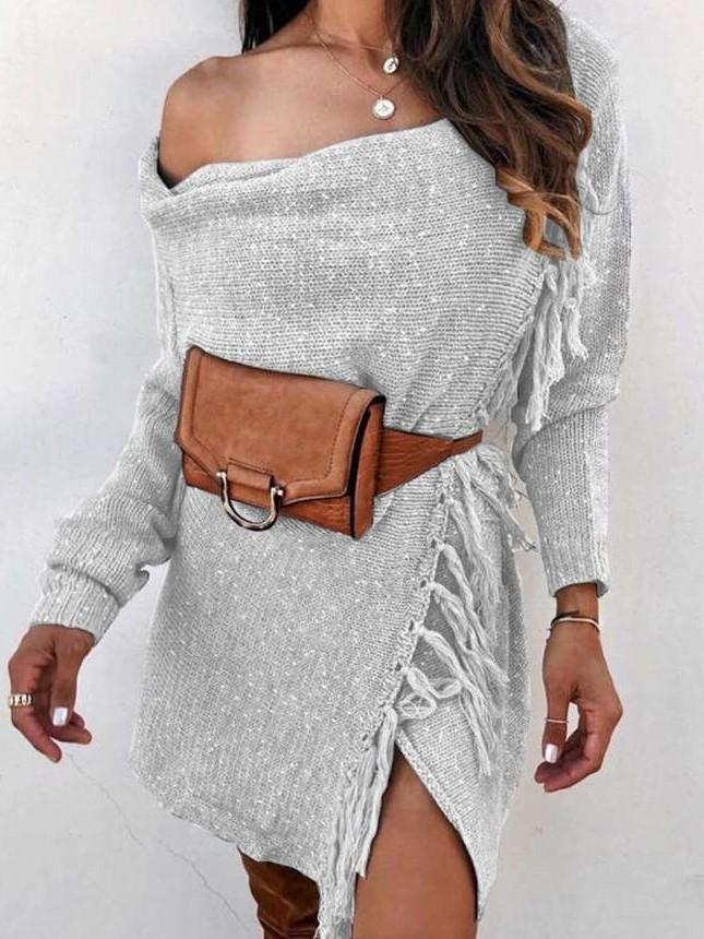 Fashion Pure One shoulder Knit Long sleeve Macrame Sweaters