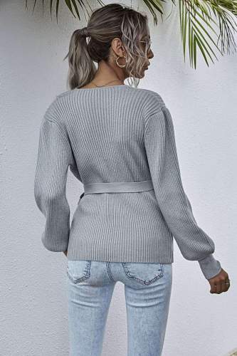 Fashion Casual Pure V neck Long sleeve Lacing Knit Cardigan Sweaters
