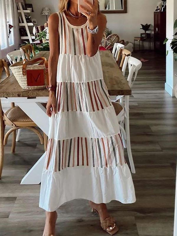 Fashion Casual Stripe print Round neck Sleeveless Vest Maxi Dresses