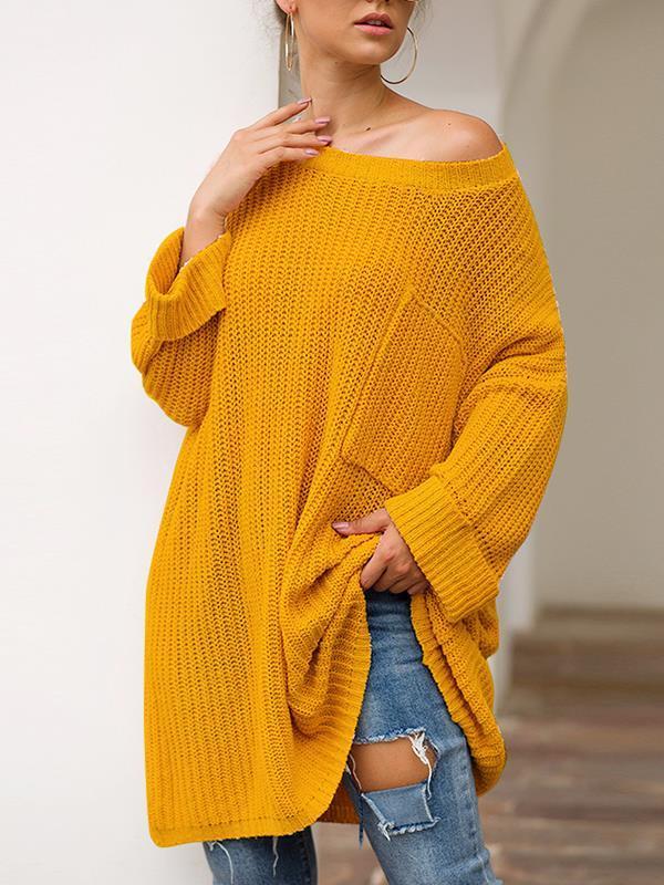 One off shoulder plain long sleeve pocket design sweaters