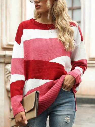 Fashion Casual Loose Stripe Round neck Long sleeve Knit Sweaters