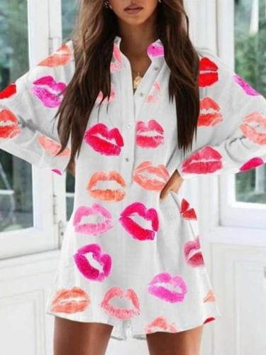 Fashion Casual Loose Lip print Stand collar Long sleeve Jumpsuits