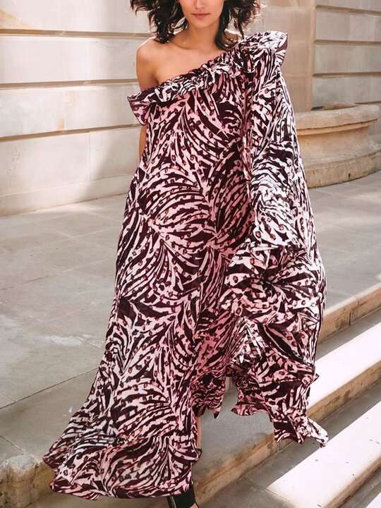 Fashion Print Sloping shoulder Unilateral sleeve Falbala Maxi Dresses